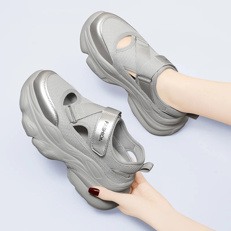 Autuspin 5.5cm Thick Bottom Women's Vulcanize Shoes Summer New Fashion Female Hollow Mesh Breathable Sports Sandals Sneakers