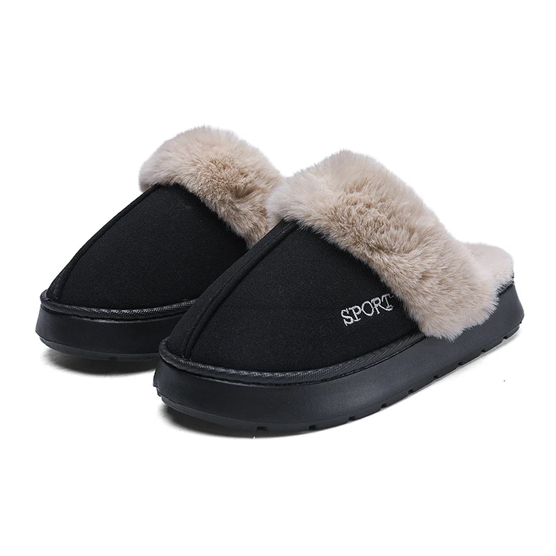 STRONGSHEN Men Fluffy Slippers Thick Sole Winter Warm Shoes For Couples Soft Fur Keep Warm Female Outdoor Fur Fuzzy Flat Shoes