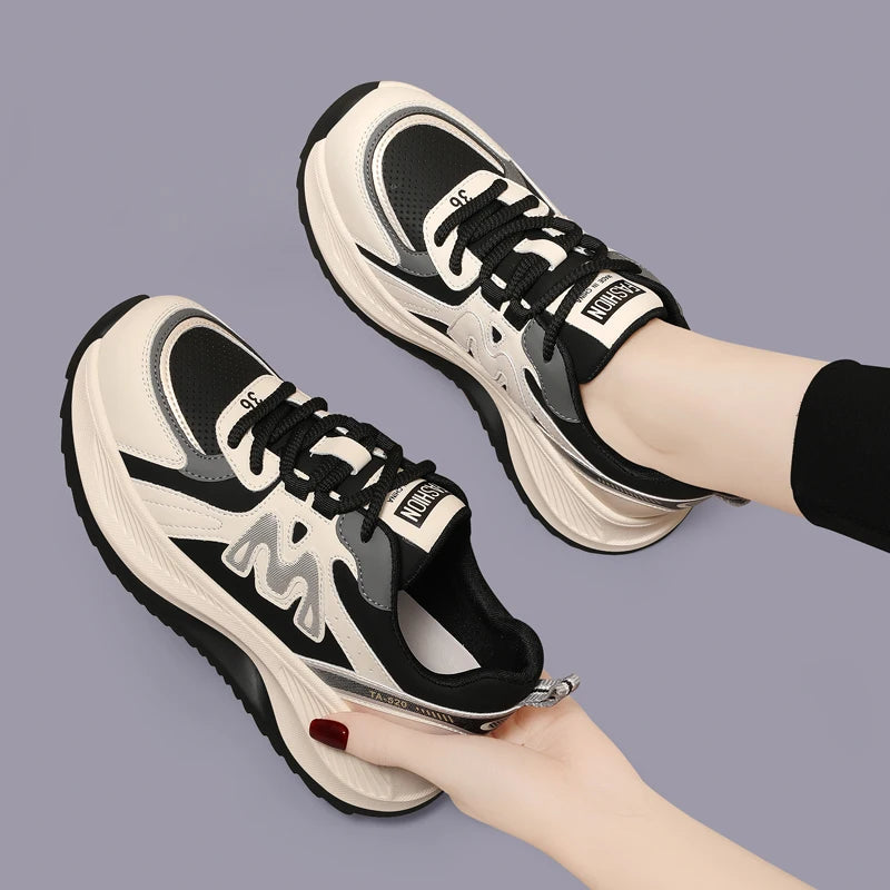 AUTUSPIN 4.5cm Comfortable Thick Soled Ladies Shoes Outdoor Casual Fashion Sneakers Women Leather Footwear Students Gym Shoes