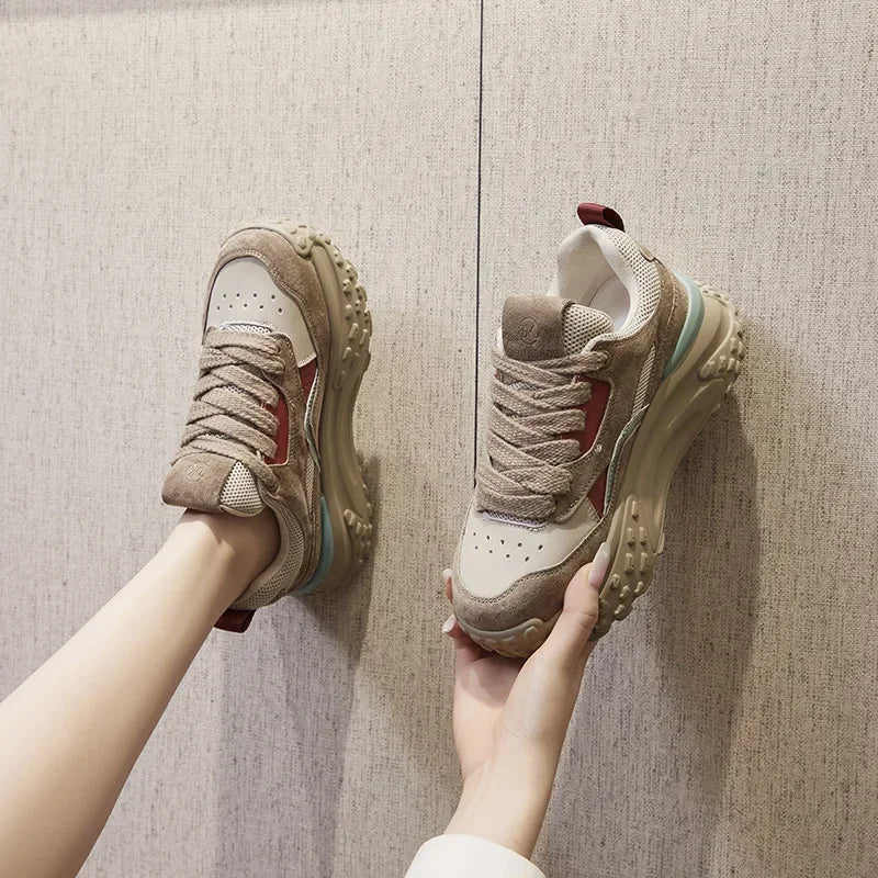 Fujin 6cm Genuine Leather Platform Mesh Breathable Sneakers Chunky Hidden Heel Mixed Color Women Autumn Spring Vulcanize Shoes