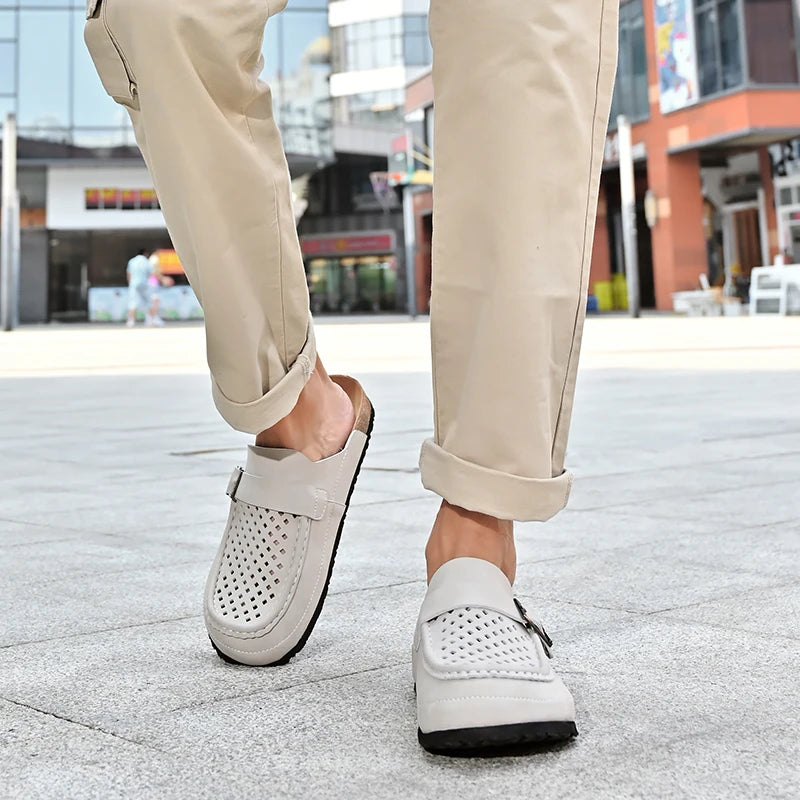 STRONGSHEN Men Half Slippers Summer Casual Fashion Mens Genuine Leather Sandals Breathable Slip on Soft Sole Shoes Moccasins