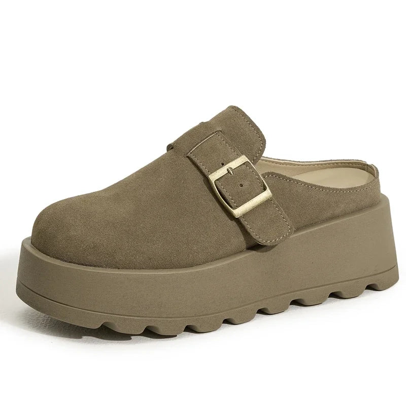 AUTUSPIN Fashion Suede Leather Slippers Women Leisure Buckle Mules Shoes Spring Summer Thick Platform Woman Round Toe Slides