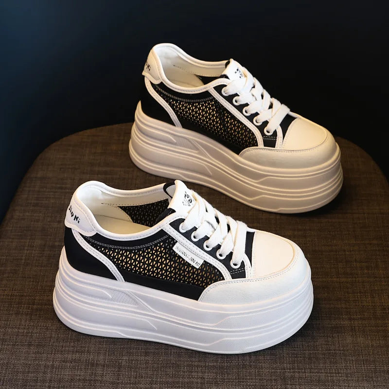 Fujin 9cm Air Mesh Chunky Sneaker Shoes Leather Slippers Slides Mules Shoes Summer Platform Wedge Flats Women Women Microfiber