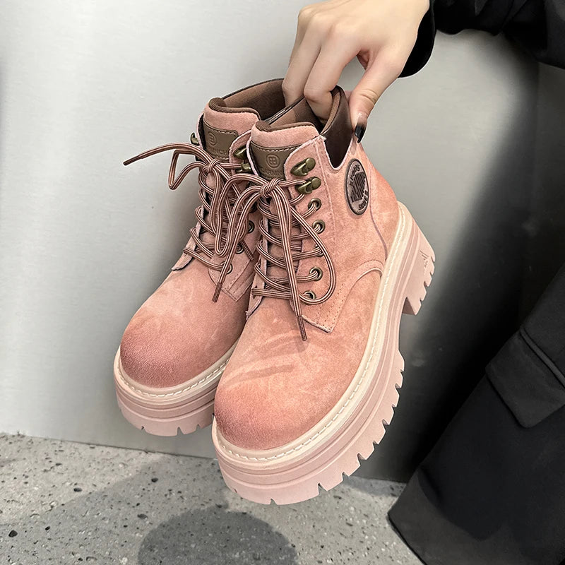 AUTUSPIN 6cm Thick Heels Women Motorcycle Boots Winter Autumn Female Fashion Cross-tied Genuine Leather Shoes Short Ankle Boot