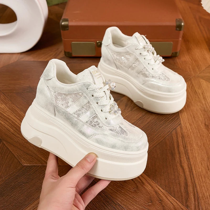AUTUSPIN 7.5cm Women Lace Shoes Summer Breathable Microfiber Leather Splicing High Platform Skateboard Sneakers Oudoor Tide