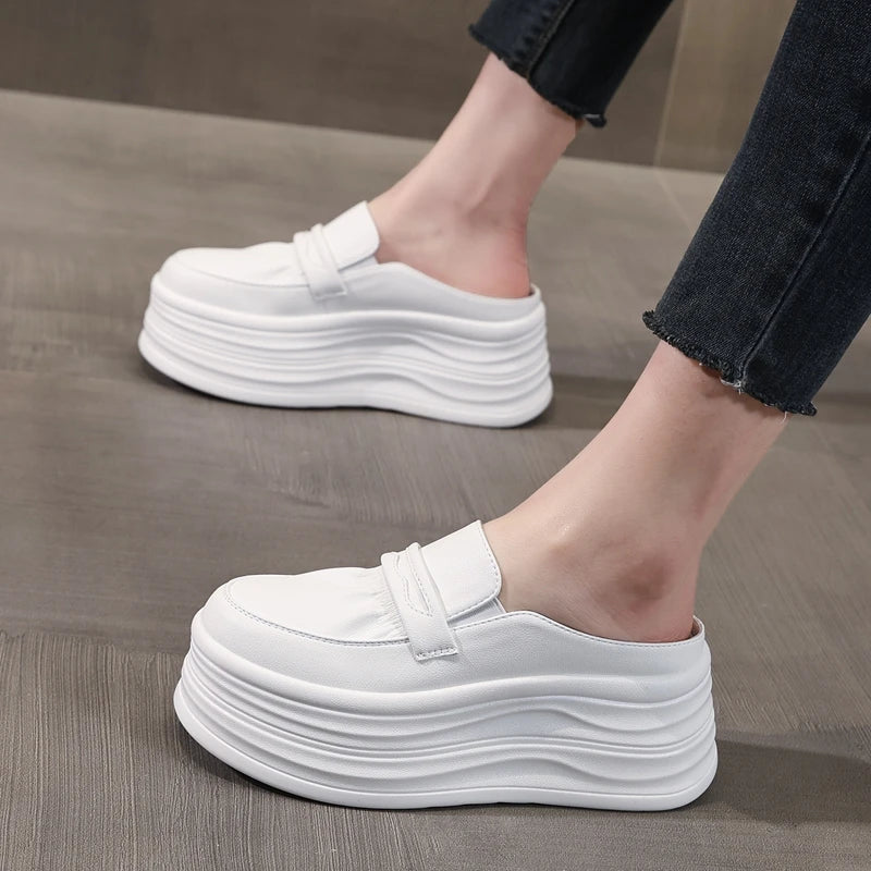AUTUSPIN Flats Platform Women Slippers High Chunky Bottom Ladies Mules Shoes White Leather Tide Slides Slipper Woman Fashion