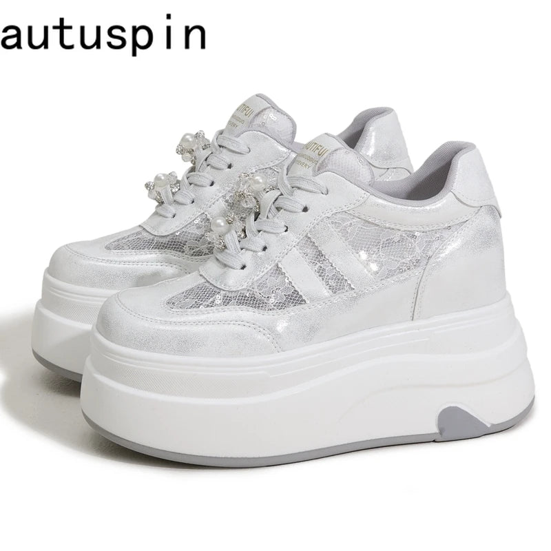 AUTUSPIN 7.5cm Women Lace Shoes Summer Breathable Microfiber Leather Splicing High Platform Skateboard Sneakers Oudoor Tide