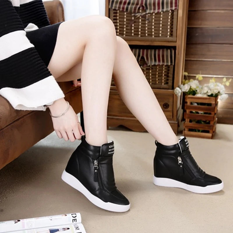 Fujin 6.5cm 2024 Summer Autumn Platform Wedge Heel Boots Women Shoes Fashion Casual Zip Botas Platform Female Leather Sneakers