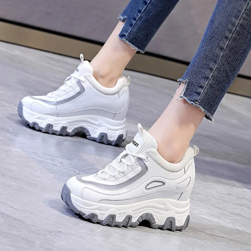 Fujin 9cm Genuine Leather Platform Wedge Hidden Heel Women Casual Shoes Chunky Sneakers Fashion Winter Warm Sneakers Boot