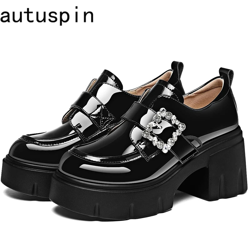 AUTUSPIN 2025 Fashion Crystal Elegant Pumps Female Round Tou High Platform Thick Heels Woman Microfiber Leather Ladies Shoes