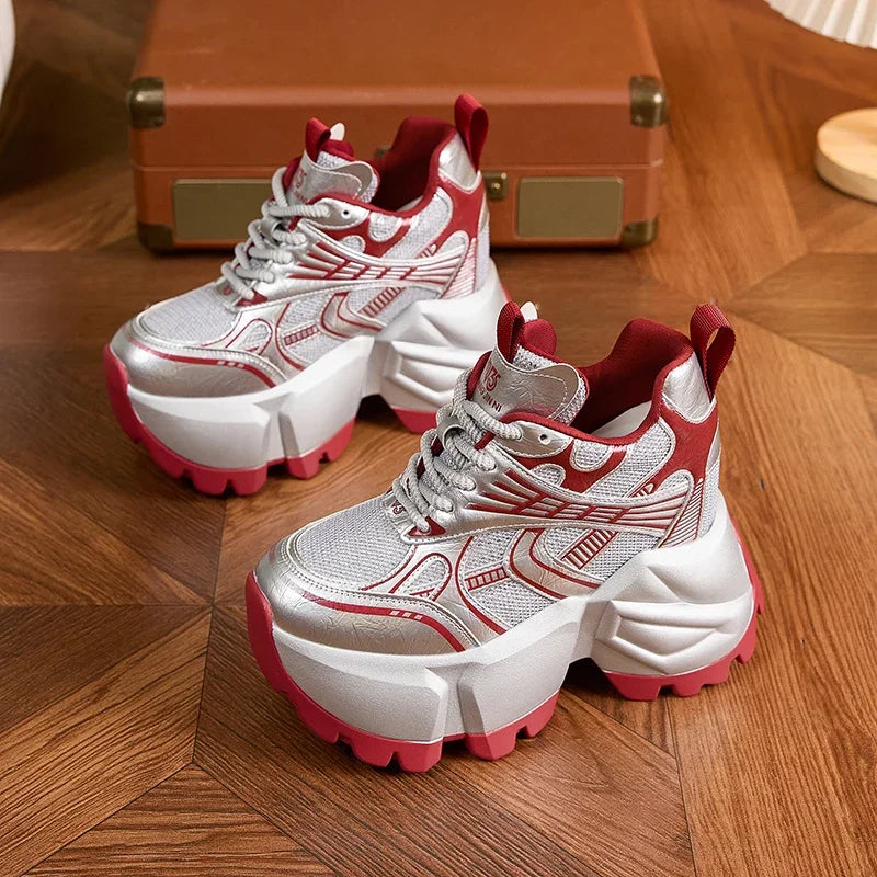 AUTUSPIN 8.5cm High Platform Chunky Women Shoes Retro Wedges Heels Increased Height Sneakers Females Popular Tide Vulcanize Shoe