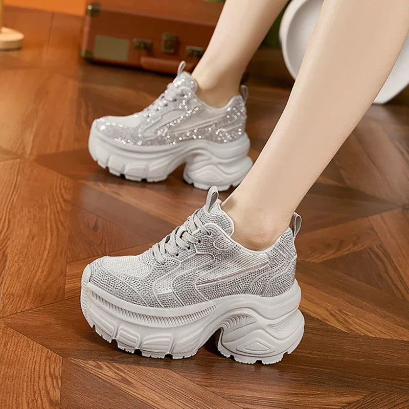 AUTUSPIN Shiny Rhinestone Women's Vulcanize Shoes 2025 Outdoor Fashion Tide Ladies Thick Platform Sneakers Leisure Popular Woman