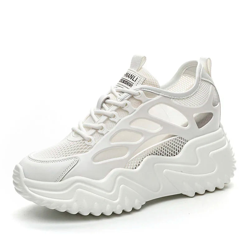 DRKANOL White Air Mesh Casual Sneakers Women 8cm Wedges Heel Height Increasing Chunky Platform Shoes Summer Breathable Shoes