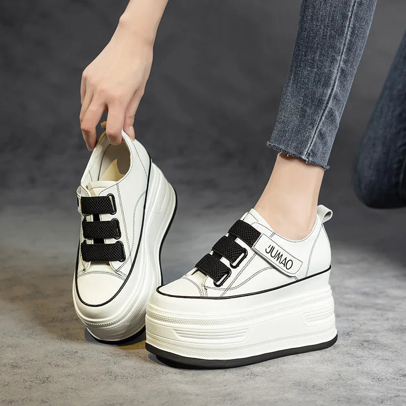 Koznoy 12cm Genuine Leather Motorcycle Fashion Spring Moccasins Autumn Lace Up  Ankle Booties Platform Wedge Women Sneaker Shoes