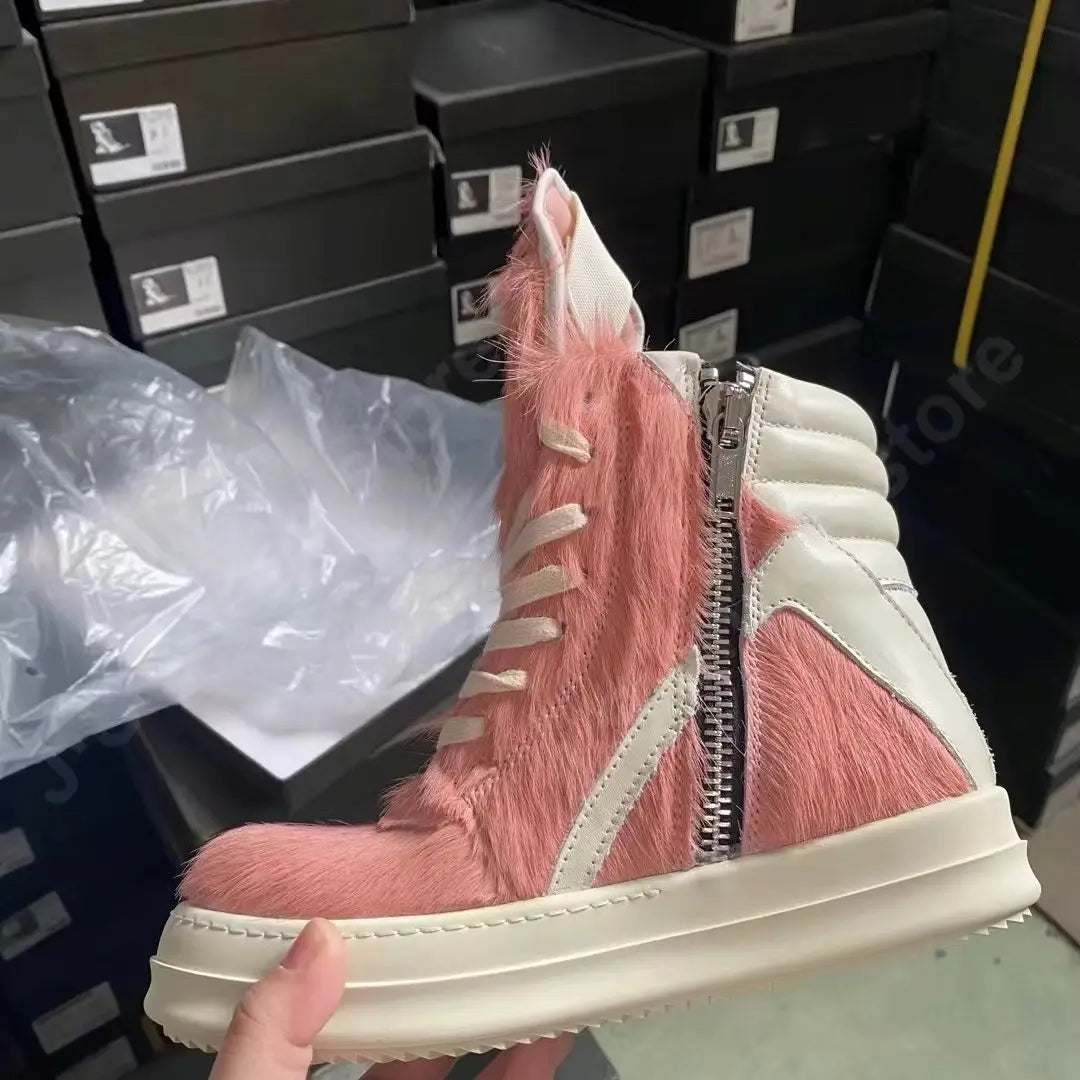 R-o Classic Boots Men Shoe Pink Horse Hair Women High Top Shoes Sneaker White Leather Pink Horsehair Ankle Boot Outside Sneakers