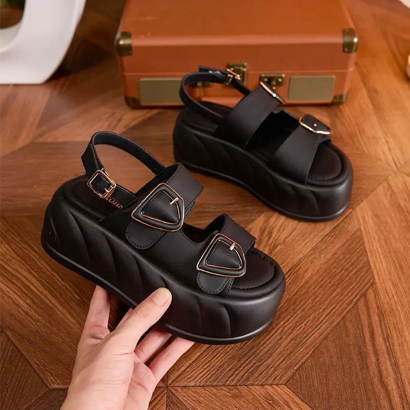 AUTUSPIN 7.5cm Women Sandals High Heels Summer Ladies Microfiber Leather Platform Wedge Shoes Fashion Ankle Buckle Sandal Woman