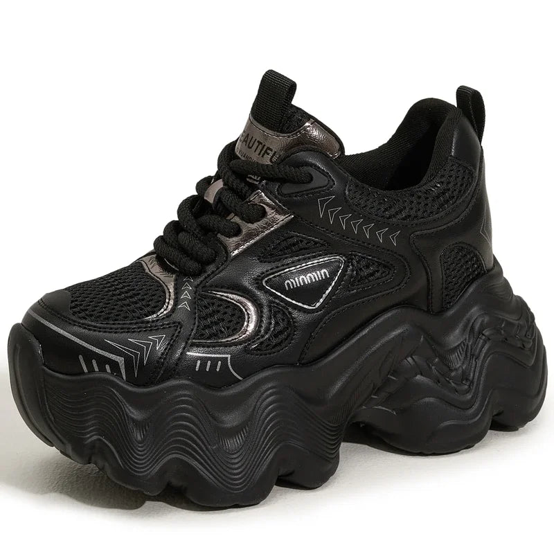 AUTUSPIN Thick Soled Women's Vulcanize Shoes Retro Platform Ladies Leisure Sneakers 8cm High Wedges Chunky Female Footwear 34-39