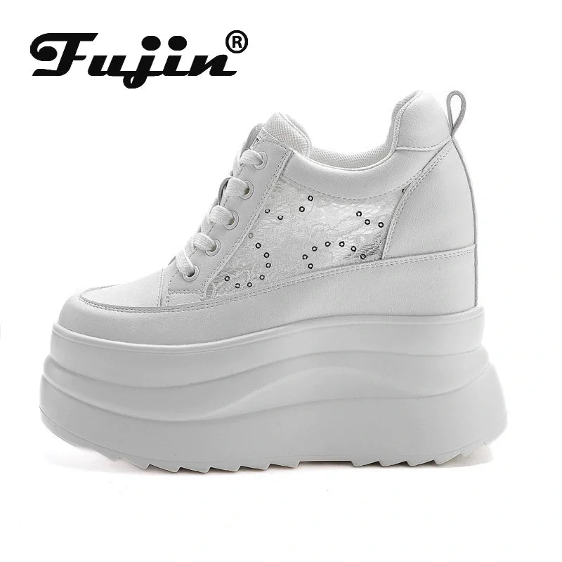 Fujin 13cm 2025 Genuine Leather Platform Wedge Flats Shoes Chunky Sneaker Casual Comfy High Brand Spring Autumn Vulcanize Shoes