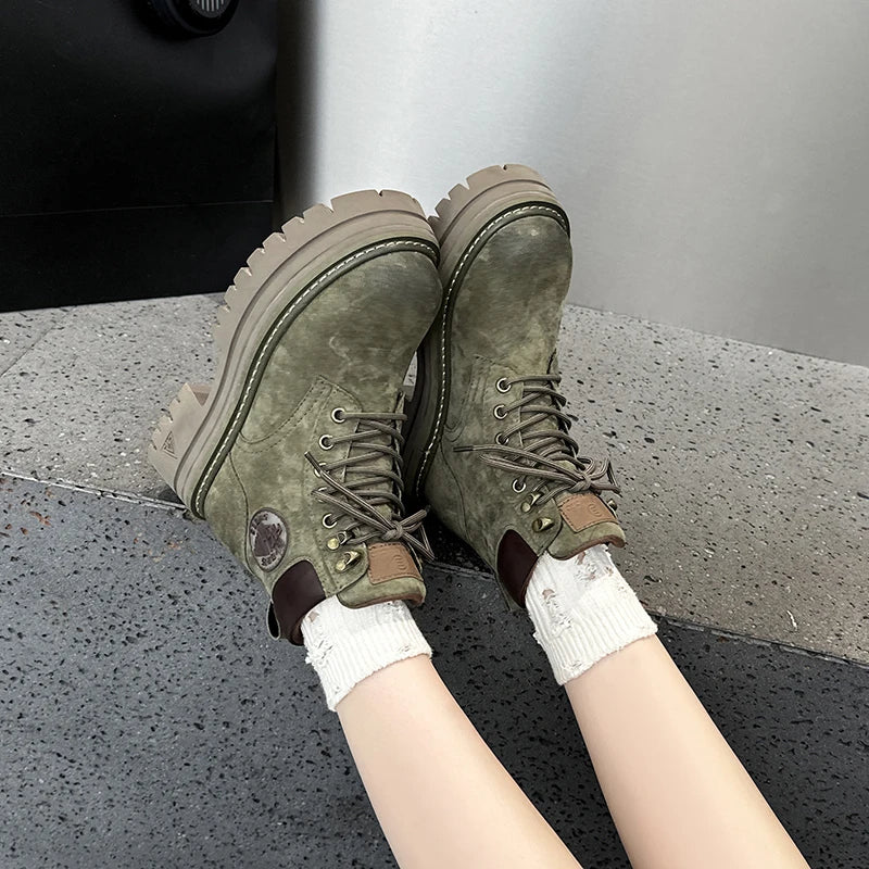 AUTUSPIN 6cm Thick Heels Women Motorcycle Boots Winter Autumn Female Fashion Cross-tied Genuine Leather Shoes Short Ankle Boot