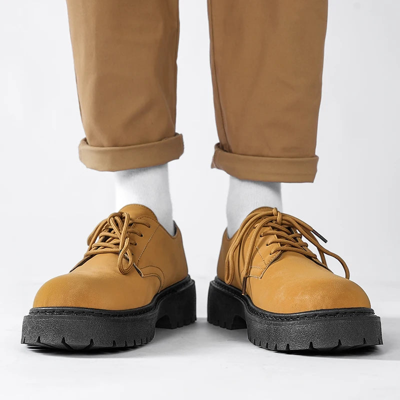 STRONGSHEN Men Casual Shoes Thick Soled Leather Shoes Men Round Toe Yellow New Fashion Elegant Non-slip Lace up Leather Shoes