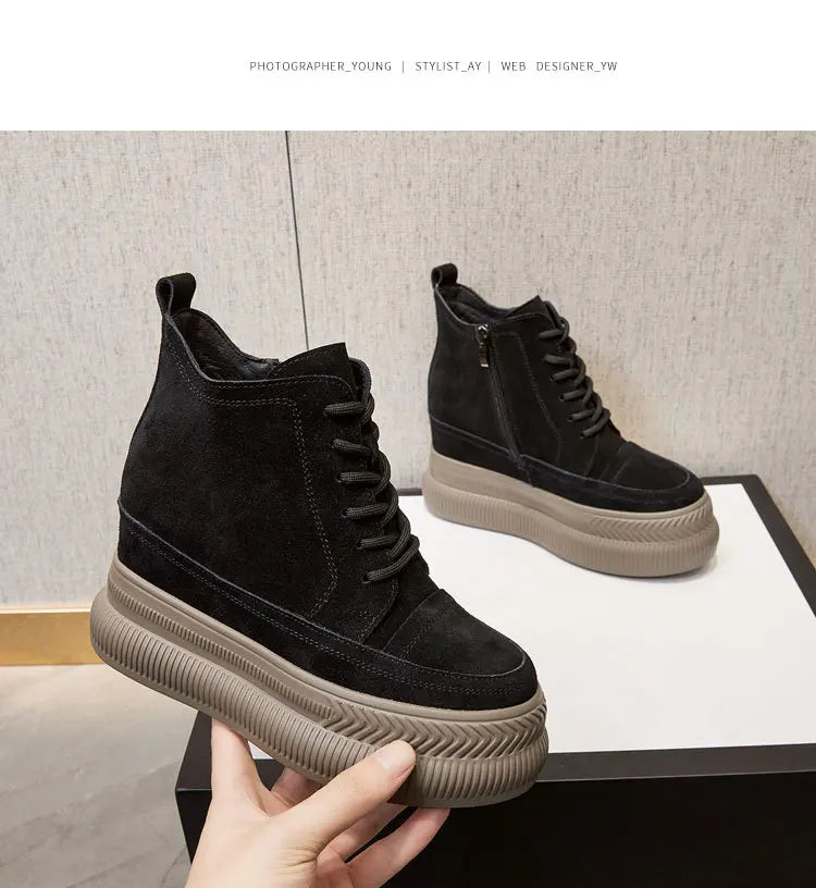 Fujin 10cm Suede Cow Genuine Leather Spring Motorcycle Fashion ZIP Ankle Boots Platform Wedge Flats Women Autumn British Shoes