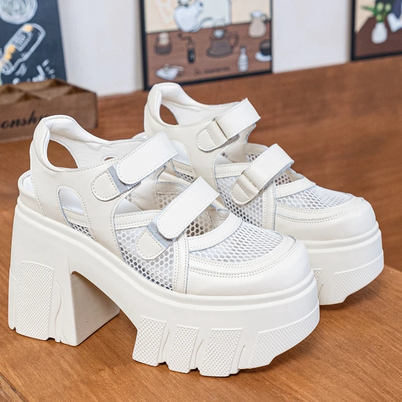 AUTUSPIN Summer Women Mary Janes High Heels Sandals Fashion Mesh Patchwork Leather Breathable Ladies Shoes Party Wedding Pumps