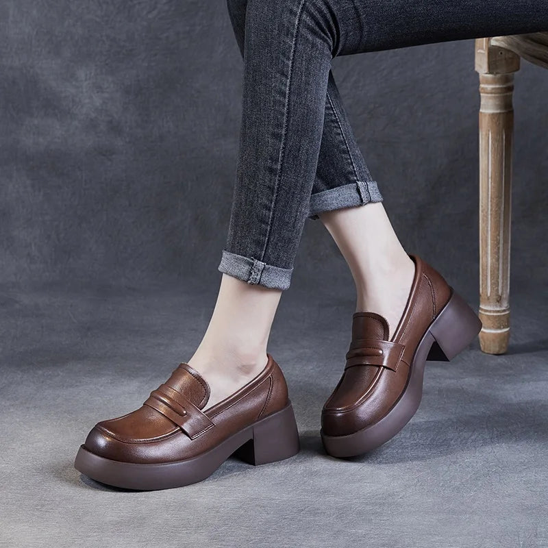 DRKANOL 2025 Women Genuine Leather Loafers High Quality Genuine Leather Slip-On Chunky Platform Pumps Women High Heel Shoes