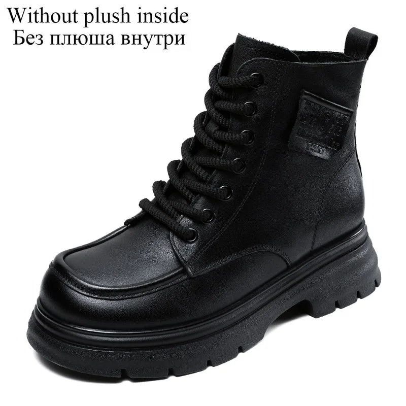 DRKANOL 2025 British Style Women Genuine Cow Leather Ankle Boots Autumn Winter Warm Thick Heel Platform Retro Casual Short Boots