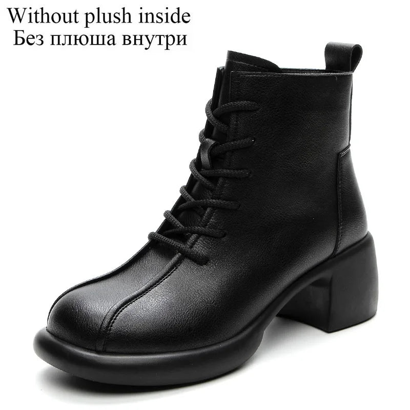 DRKANOL Women Thick Heel Ankle Boots Winter Plush Warm Casual Short Boots Ladies Real Cowhide Retro Style Zipper High Top Shoes