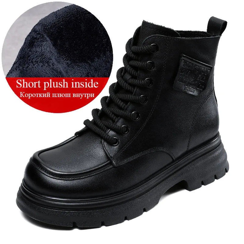 DRKANOL 2025 British Style Women Genuine Cow Leather Ankle Boots Autumn Winter Warm Thick Heel Platform Retro Casual Short Boots