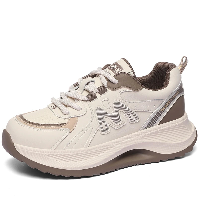 AUTUSPIN 4.5cm Comfortable Thick Soled Ladies Shoes Outdoor Casual Fashion Sneakers Women Leather Footwear Students Gym Shoes