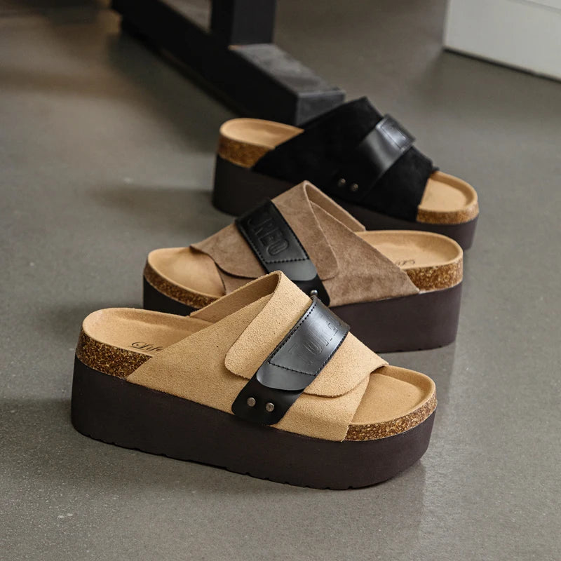 AUTUSPIN Summer Nubuck Leather Ladies Shoes Fashion Thick Soled Women Slippers Outdoor High Platform Chunky Slides Shoes Woman