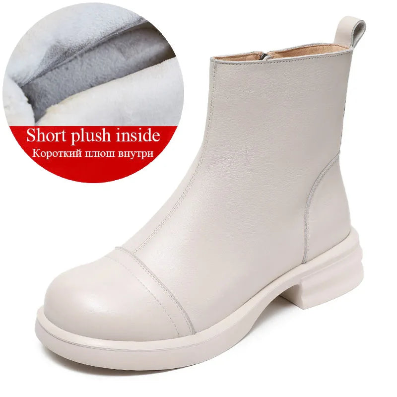 DRKANOL Women Genuine Leather Boots 2025 Autumn Winter Warm Thick Heel Side Zipper Comfort Casual Ankle Chelsea Boots Beige