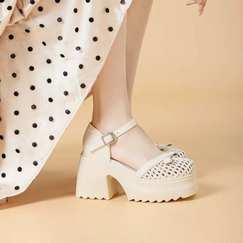 Fujin 10cm PU Synthetic Microfiber Leather Peep Toe Shoes Buckle Mary Jane Platform Wedge Fashion Slippers Women Sandals Pumps