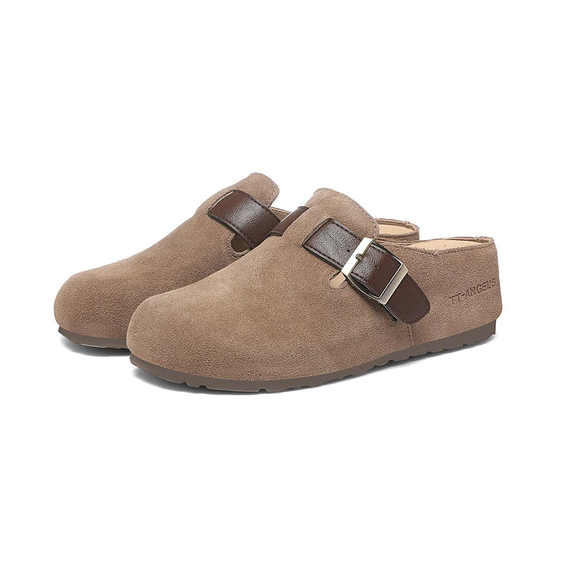AUTUSPIN Fashion Round Toe Slides Shoes Women 2025 Summer Spring Suede Leather Mules Slippers Female Lazy Slip on Loafers Woman