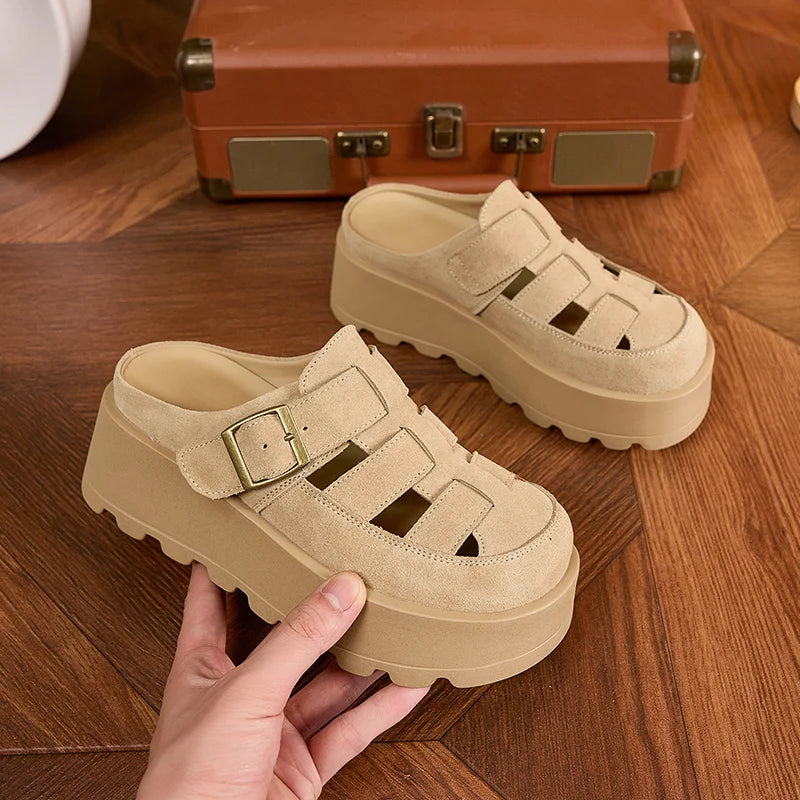 AUTUSPIN Retro Pink Mules Shoes Women Summer Hollow Out Suede Leather Ladies Slippers Wide Toe Casual Platform Slides Shoes 2025