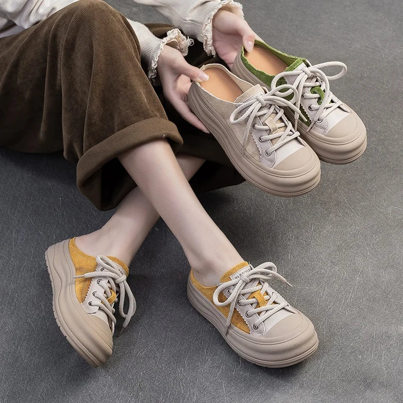 DRKANOL 2025 Mixed Colors Genuine Leather Outside Slippers Women Summer Round Toe Flat Platform Casual Slingback Slides Shoes