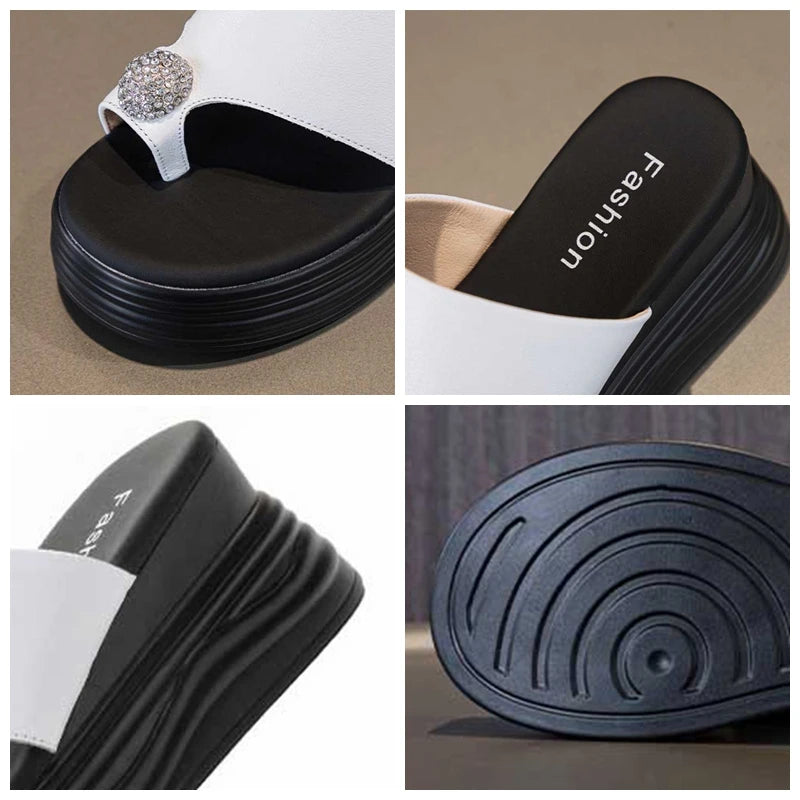 Fujin 7cm Genuine Leather Summer Clip Toe Flip Ladies Slippers Pumps Platform Wedge Women Fashion Sandals Flats Rhinestone Shoes