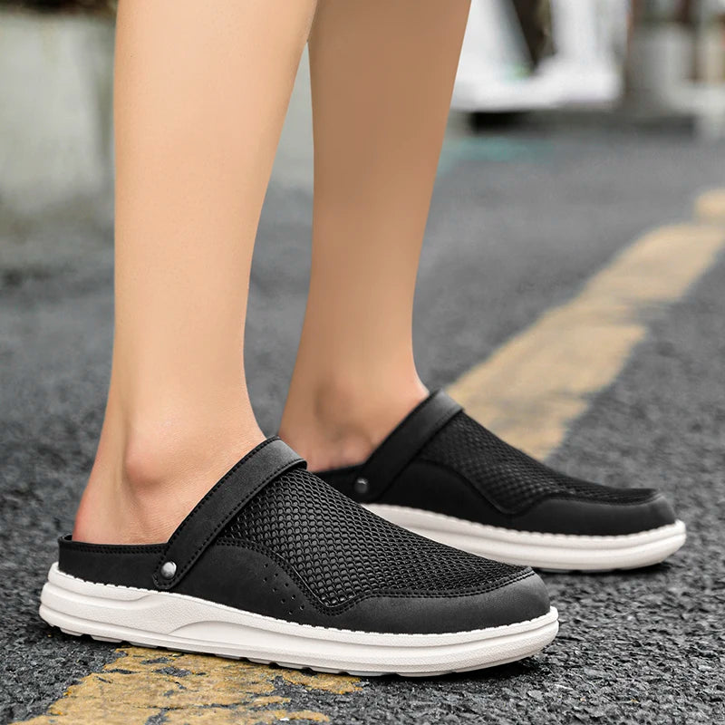 Luxury Men Slipper Comfy Casual Breathable Mesh Shoes Mules Leather Soft Bottom Sandals Summer Outdoor Non-slip Walking Shoes