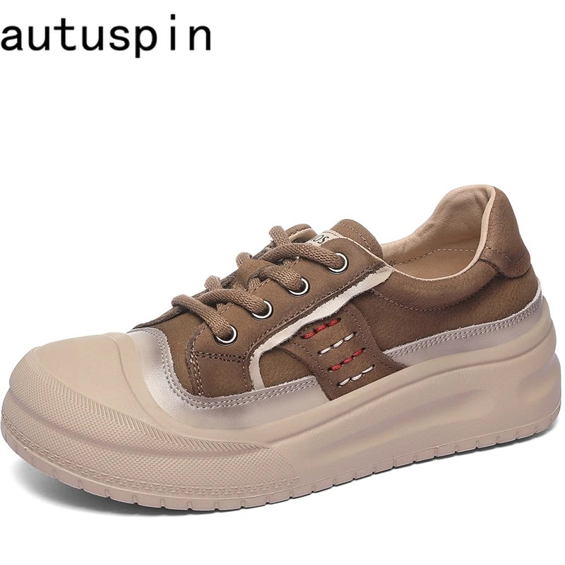 AUTUSPIN 4cm Chunky Flats Women Vulcanize Shoes Retro Leisure Genuine Cow Leather Skateboard Shoes Student Sport Sneakers Winter