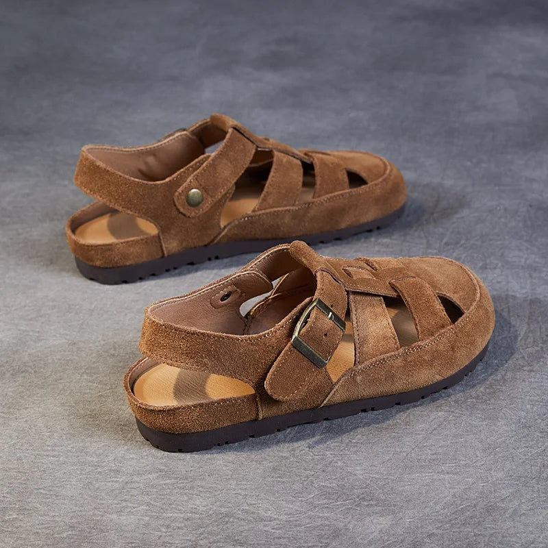 DRKANOL 2025 Fashion Women Sandals Summer Flat Shoes Quality Cow Suede Leather Round Toe Hollow Out Outside Casual Roman Sandals