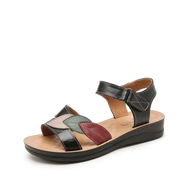 WOIZGIC Women's Mother Ladies Female Genuine Leather Sandals Shoes Platform Summer Cool Beach Soft Waterproof Leaf Non Slip