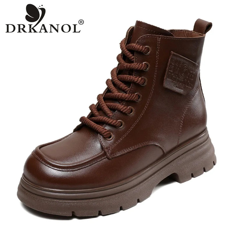 DRKANOL 2025 British Style Women Genuine Cow Leather Ankle Boots Autumn Winter Warm Thick Heel Platform Retro Casual Short Boots
