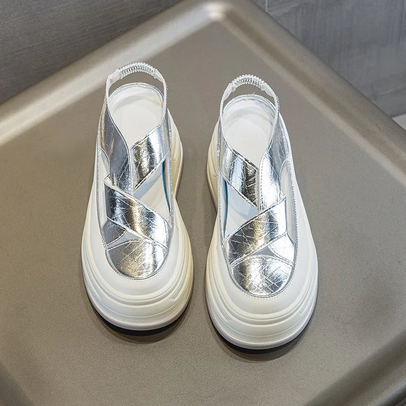 Fujin 8cm PU Patent Synthetic Microfiber Leather Chunky Sneakers Slippers Platform Wedge Sandals Slipper Flats Women Shoes