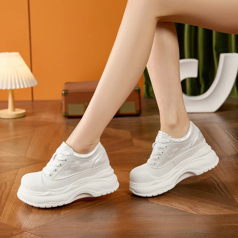 AUTUSPIN 6.5cm Chunky White Shoes for Women Summer Autumn Fashion Lace-up Platform Casual Shoes Female Flats Bottom Sneakers