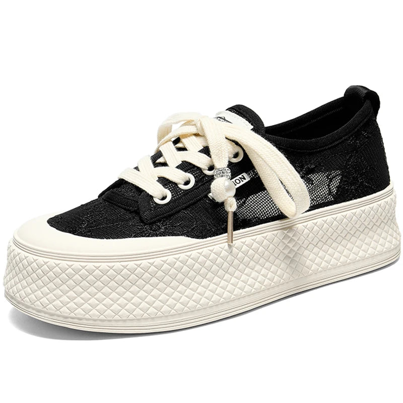 AUTUSPIN 4cm Breathable Lace Mesh Women's Shoes Summer New Arrival Platform Chunky Canvas Shoe Students Casual Sneakers 2024
