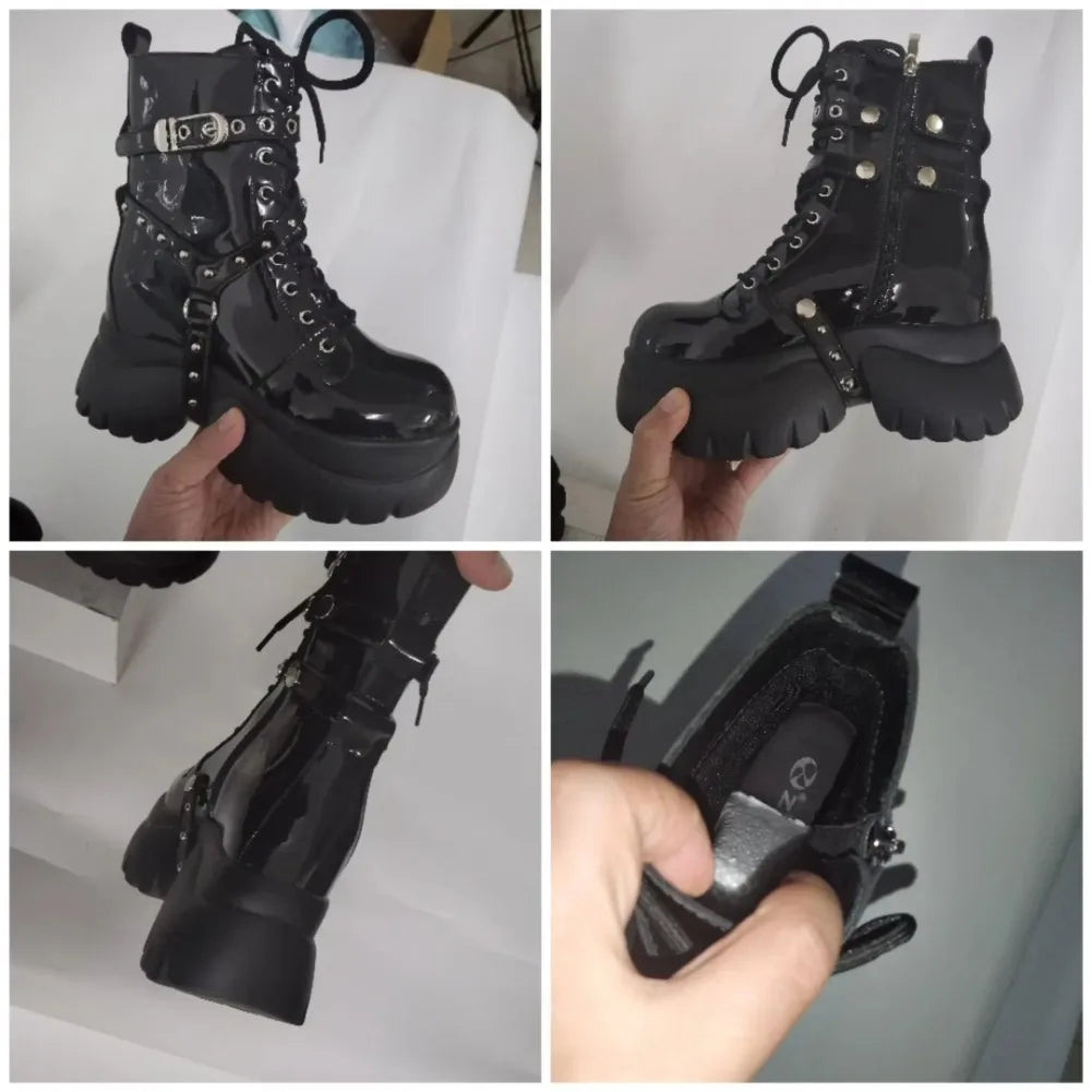 Fujin 10cm Genuine Leather Women Boots Women Motorcycle Boots Ankle Punk Style Combat Boots Platform Heel Wedge Chunky Booties