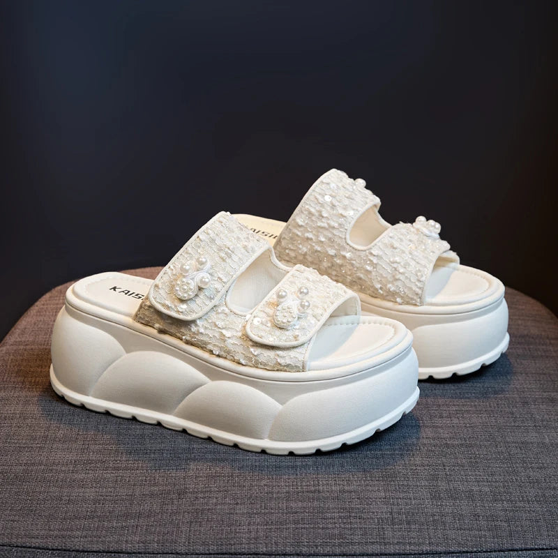 AUTUSPIN 7cm Women Sandals Summer Fashion Wedges Platofrms Shoes Leisure Slides Female Beads Decoration Slippers Size 34-39