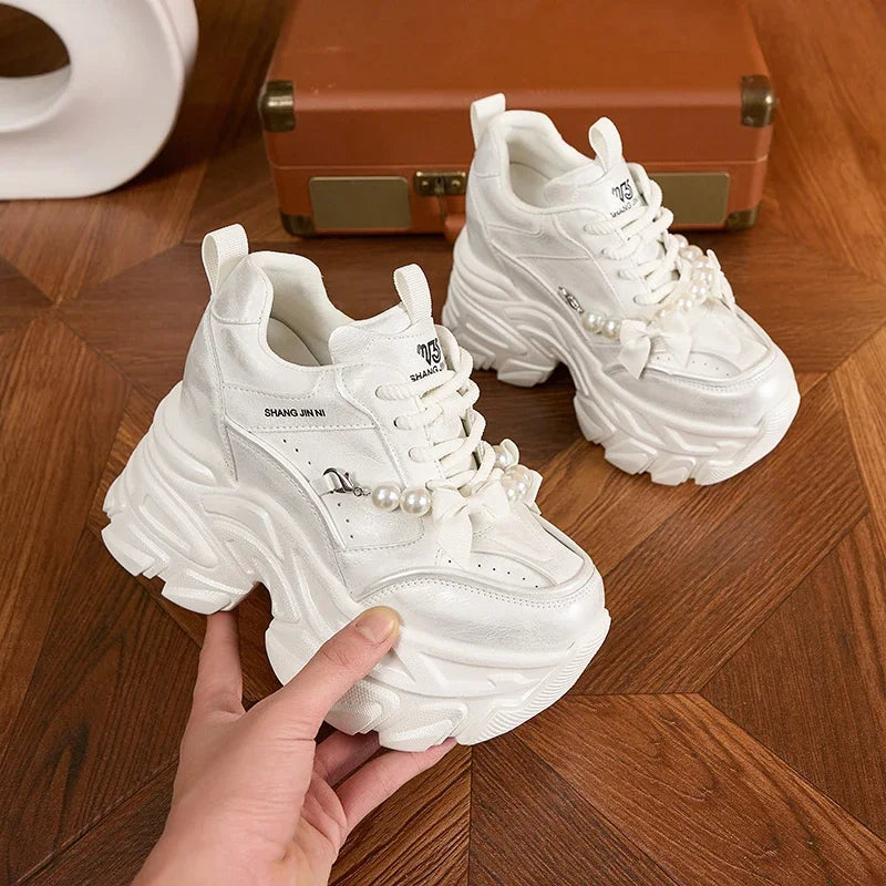 AUTUSPIN High Platform Chunky Shoes 2025 Women Fashion Beads Chains Decoration Sneakers Korean Style Female Vulcanized Shoes