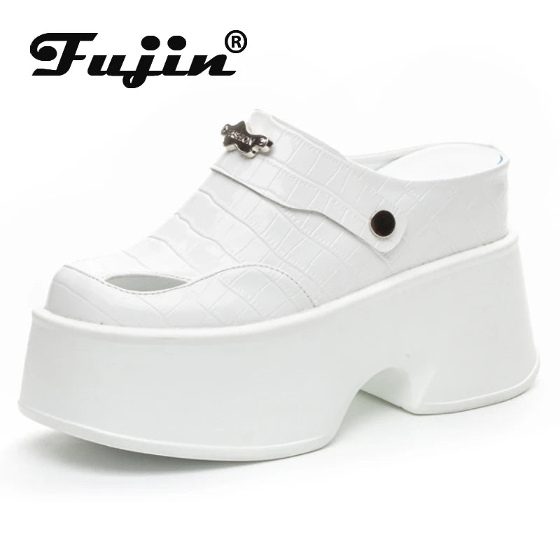 Fujin 11cm Genuine Leather Synthetic Women  Summer Platform Wedge Brand Bling Shoes Fashion Casual High Slippers Sandals Hollow